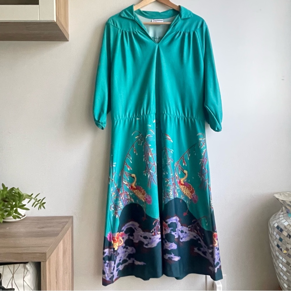 Avon Teal Midi Dress with Multicolor Crane Print